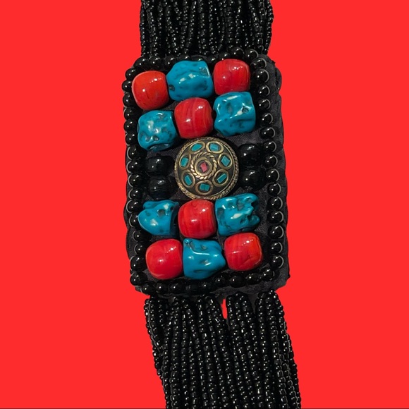 Long Multi Strand Black Bead Necklace With Stones - Picture 2 of 4